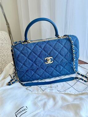 CHANEL Blue Quilted Denim Satchel with Gold Hardware Like new !!